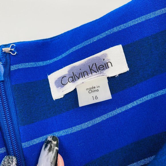 Calvin Klein Size 16 Blue Striped Sleeveless Career Midi Sheath Dress - Picture 6 of 9